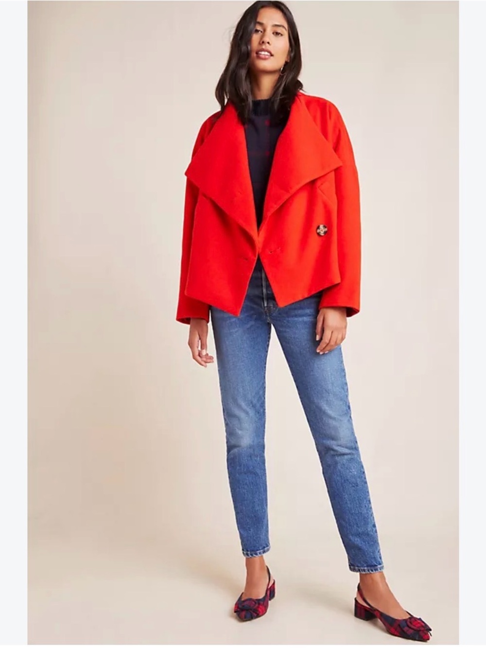 Anthropologie Vibrant Red Draped Pea Coat